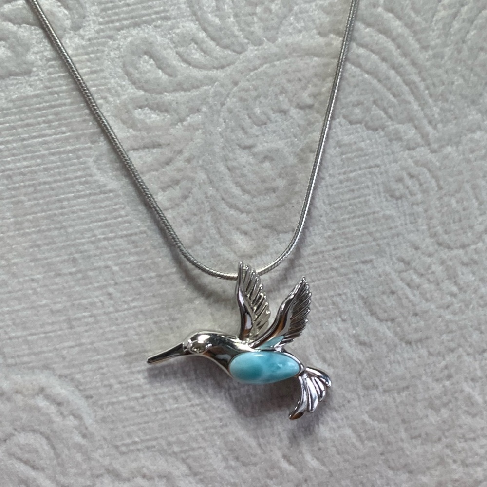 Hummingbird design, Larimar Gemstone and Silver Chain Necklace